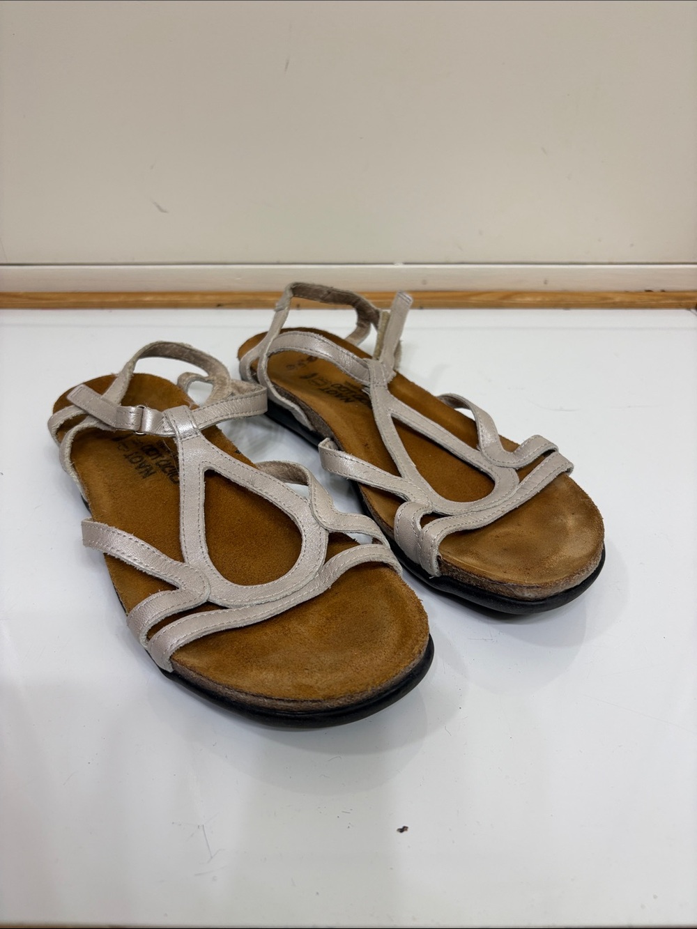 Naot Dorith Women's Neutral‎ Leather Strappy Sandals in Light Silver/Pearl color